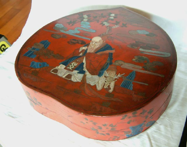 antique Chinese lacquered papier mache heart shaped box